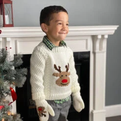 Reindeer Pullover And Mitts | Knit Childs Christmas Sweater Kit -Clover Store ChildnexttoChristmasTreewithReindeerSweaterandMittens