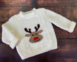 Reindeer Pullover And Mitts | Knit Childs Christmas Sweater Kit -Clover Store ChildsReindeerSweaterondarkwoodbackground