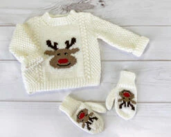 Reindeer Pullover And Mitts | Knit Childs Christmas Sweater Kit -Clover Store KidsReindeerSweateronShiplapBackground